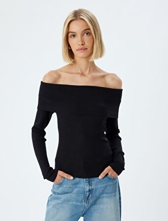 Madonna Yaka Kazak Omzu Açık Fitilli Uzun Kollu