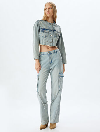 Kargo Cepli Kot Pantolon Normal Bel Düz Paça Düğmeli - Straight Fit Jean