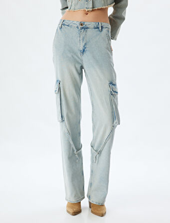 Kargo Cepli Kot Pantolon Normal Bel Düz Paça Düğmeli - Straight Fit Jean