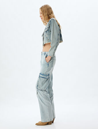 Kargo Cepli Kot Pantolon Normal Bel Düz Paça Düğmeli - Straight Fit Jean