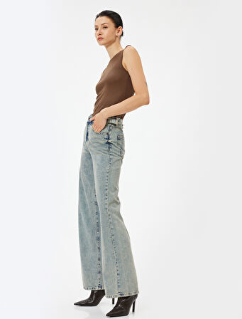 Standart Bel Geniş Paça Kot Pantolon Düğmeli Cepli Pamuklu - Wide Leg Jeans