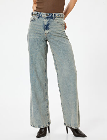 Standart Bel Geniş Paça Kot Pantolon Düğmeli Cepli Pamuklu - Wide Leg Jeans