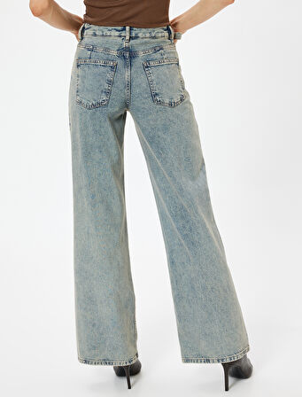 Standart Bel Geniş Paça Kot Pantolon Düğmeli Cepli Pamuklu - Wide Leg Jeans