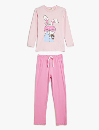 Pijama Takımı Tavşan Baskılı Uzun Kollu Pamuklu 