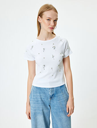 Taş Detaylı Tişört Kaşkorse Bisiklet Yaka Reglan Kollu Slim Fit