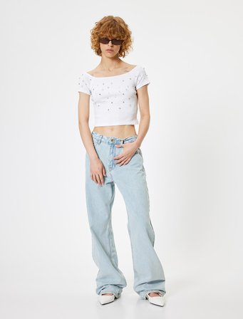 Kayık Yaka Tişört Taş Detaylı Kaşkorse Slim Fit Kısa Kollu