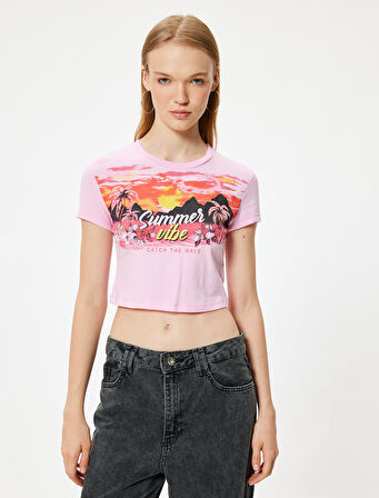 Crop Tişört Kısa Kollu Slogan Baskılı Bisiklet Yaka Slim Fit