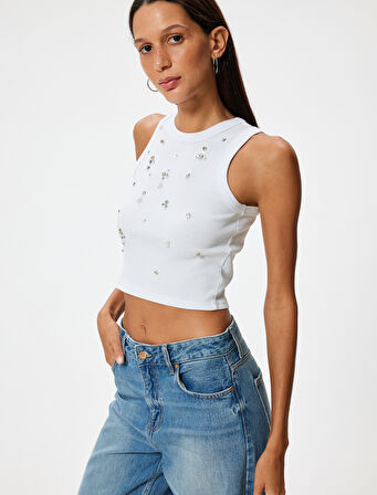 Halter Yaka Atlet Taş Detaylı Kolsuz Slim Fit