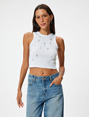 Halter Yaka Atlet Taş Detaylı Kolsuz Slim Fit