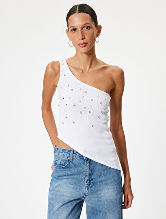 Tek Omuz Atlet Kolsuz Taş İşlemeli Asimetrik Kesim Slim Fit
