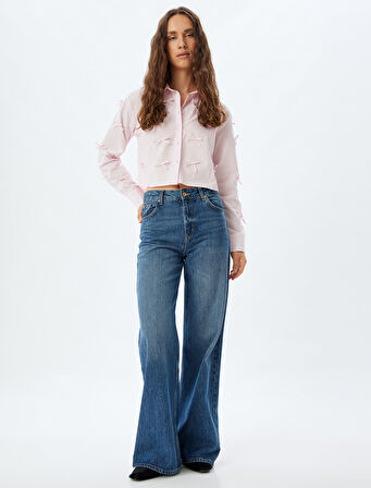 Fiyonklu Poplin Crop Gömlek Slim Fit Uzun Kollu 