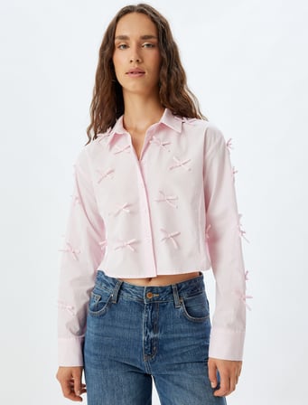 Fiyonklu Poplin Crop Gömlek Slim Fit Uzun Kollu 