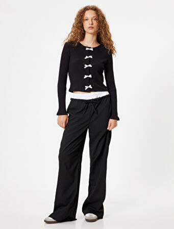 Fiyonklu Hırka Bisiklet Yaka Uzun Kollu Düğmeli