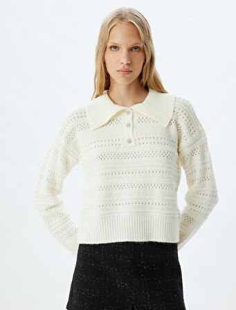 Ajurlu Kazak Gömlek Yaka Düğmeli Uzun Kollu