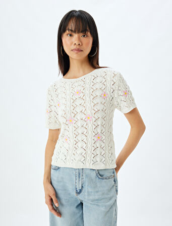 Triko Ajurlu Kazak Kısa Kollu Bisiklet Yaka Çiçek İşlemeli