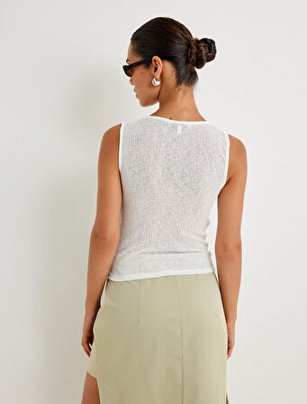 Asimetrik Yaka Üst Kolsuz Düğüm Detaylı Dokulu Slim Fit