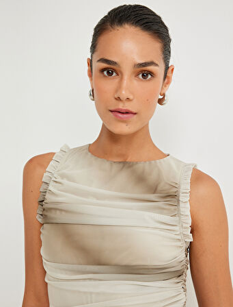 Tül Fırfırlı Üst Astarlı Drapeli Kolsuz Yuvarlak Yaka Renk Geçişli