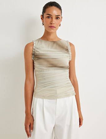 Tül Fırfırlı Üst Astarlı Drapeli Kolsuz Yuvarlak Yaka Renk Geçişli