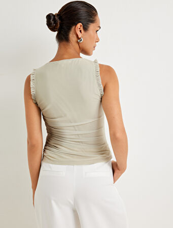 Tül Fırfırlı Üst Astarlı Drapeli Kolsuz Yuvarlak Yaka Renk Geçişli