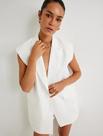 Keten Karışımlı Blazer Yelek Kruvaze Kalça Boy Cepli