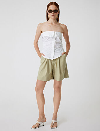 Viskon Bermuda Şort Cepli Pile Detaylı 