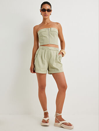 Keten Karışımlı Mini Şort Kapaklı Cep Detaylı 