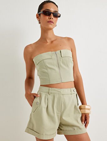 Keten Karışımlı Mini Şort Kapaklı Cep Detaylı 