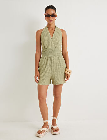 Kruvaze Halter Yaka Mini Şort Tulum Dokulu Gipeli Boyundan Bağlamalı