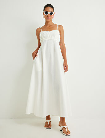 Keten Karışımlı Uzun Elbise İnce Askılı Dokulu