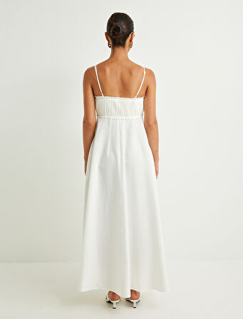 Keten Karışımlı Uzun Elbise İnce Askılı Dokulu