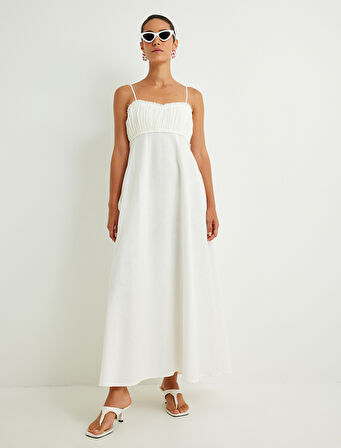 Keten Karışımlı Uzun Elbise İnce Askılı Dokulu