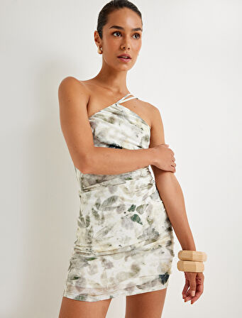 Tek Omuz Mini Kalem Elbise Floral Desenli Dokulu