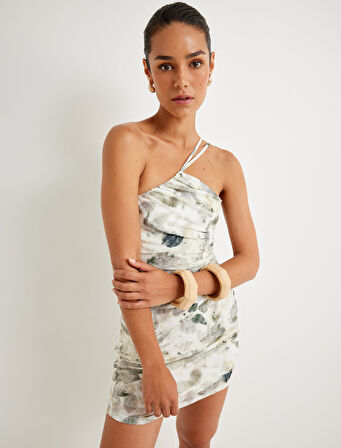 Tek Omuz Mini Kalem Elbise Floral Desenli Dokulu