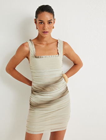 Tül Mini Kalem Elbise Drapeli Fırfır Detaylı Kare Yaka Slim Fit