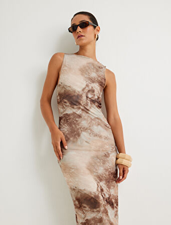 Uzun Kalem Elbise Soyut Desenli Kolsuz Yuvarlak Yaka