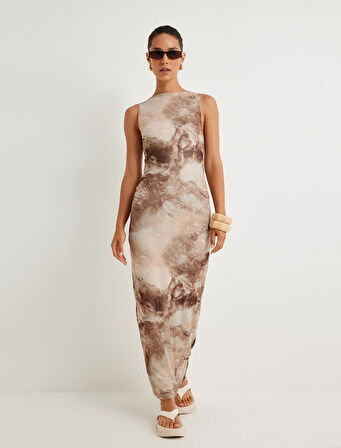 Uzun Kalem Elbise Soyut Desenli Kolsuz Yuvarlak Yaka