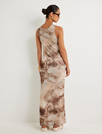 Uzun Kalem Elbise Soyut Desenli Kolsuz Yuvarlak Yaka