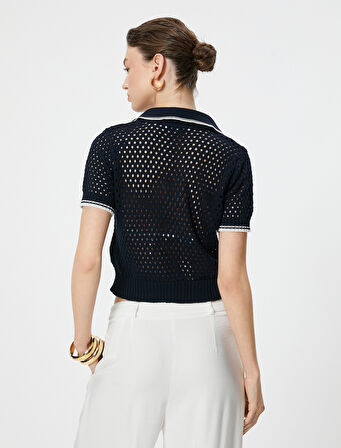 Polo Yaka Kroşe Üst Ajurlu Kısa Kollu Renk Kontrast Detaylı