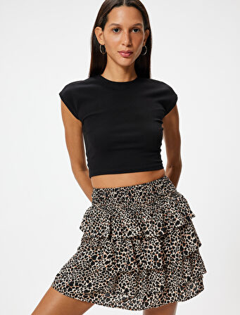 Mini Şort Etek Leopar Desenli Volanlı Katlı Gipeli Slim Fit