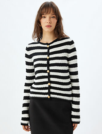 Örgü Hırka Yuvarlak Yaka Uzun Kollu Gold Düğmeli