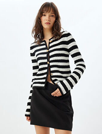 Örgü Hırka Yuvarlak Yaka Uzun Kollu Gold Düğmeli