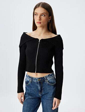 Crop Fermuarlı Triko Hırka Omzu Açık Uzun Kollu