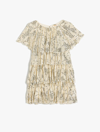 Pullu Payetli Elbise Kısa Kollu Yuvarlak Yaka