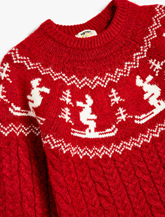 Triko Kazak Kayak Desenli Uzun Kollu Yuvarlak Yaka