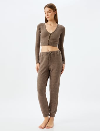 Uzun Kollu Düğmeli V Yaka  Crop Örme Pijama Üstü