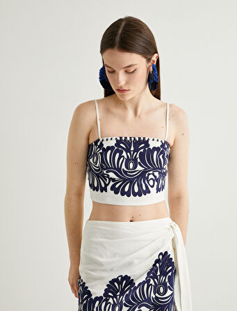 Koton X Melis Ağazat - Keten Karışımlı Çiçekli Crop Büstiyer İnce Askılı
