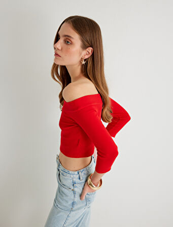 Omzu Açık Crop Tişört Dirsek Boy Kol Pamuklu Slim Fit