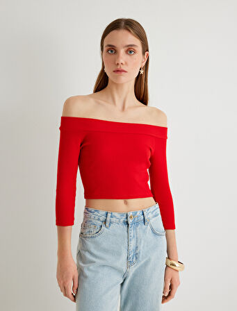 Omzu Açık Crop Tişört Dirsek Boy Kol Pamuklu Slim Fit