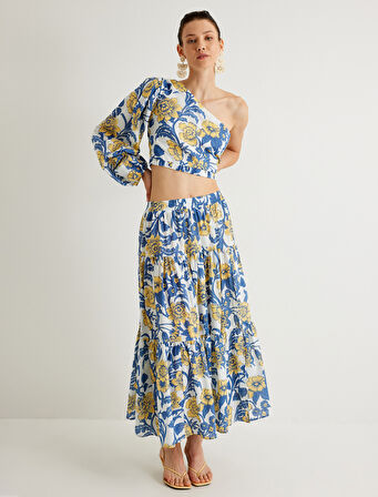 Koton X Melis Ağazat - Çiçekli Tek Omuz Crop Bluz Asimetrik Yaka Uzun Balon Kol Pamuklu