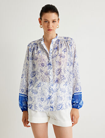 Koton X Melis Ağazat - Çiçekli Yakasız Gömlek Uzun Kolu